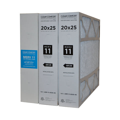 Clean Comfort Part # AMP-11-2025-45. 20x25 MERV 11 Actual Size Written on Filter 20" x 25" x 4.5" Actual Measured Size 19.68" x 24.68" x 4.37". Case of 3