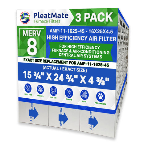 Clean Comfort 16x25 MERV 11 Replacement Part # AMP-11-1625-45. Actual Size Written on Filter 16" x 25" x 4.5" Actual Measured Size 15 3/4" x 24 3/4" x 4 3/8." Case of 3. Made by Furnace Filters.Ca