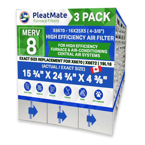 Lennox X6670 16x25x5 MERV 8 For Models HCF16-11 & HCC16-28. Actual Size 15 3/4" x 24 3/4" x 4 3/8." Generic Replacement Filters. Case of 3