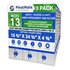 Lennox X6670 16x25x5 MERV 13 for Models HCF16-11 & HCC16-28. Actual Size 15 3/4" x 24 3/4" x 4 3/8." Generic Replacement Filters. Case of 3