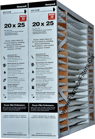 Honeywell 20x25x4 Furnace Filter Model # FC200E1037 MERV 13. Actual Size 19 15/16" x 24 7/8" x 4 3/8." Case of 2